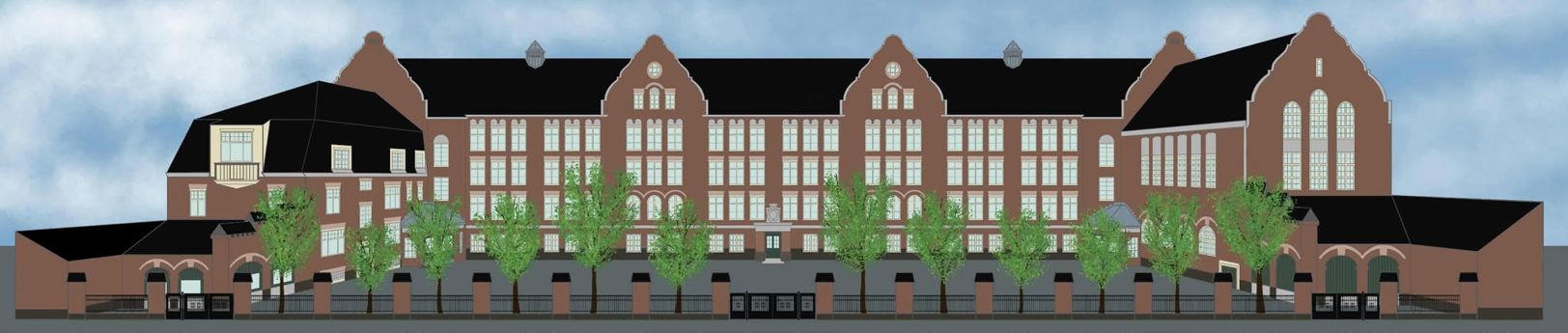 En stor murbygning med mange vinduer En stor murbygning med mange vinduer