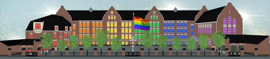 en fleretasjes bygning med et flagg på toppen med Bryggen i bakgrunnen