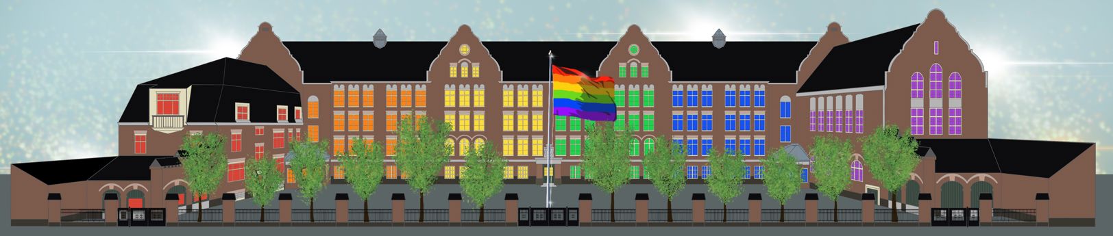 en fleretasjes bygning med et flagg på toppen med Bryggen i bakgrunnen